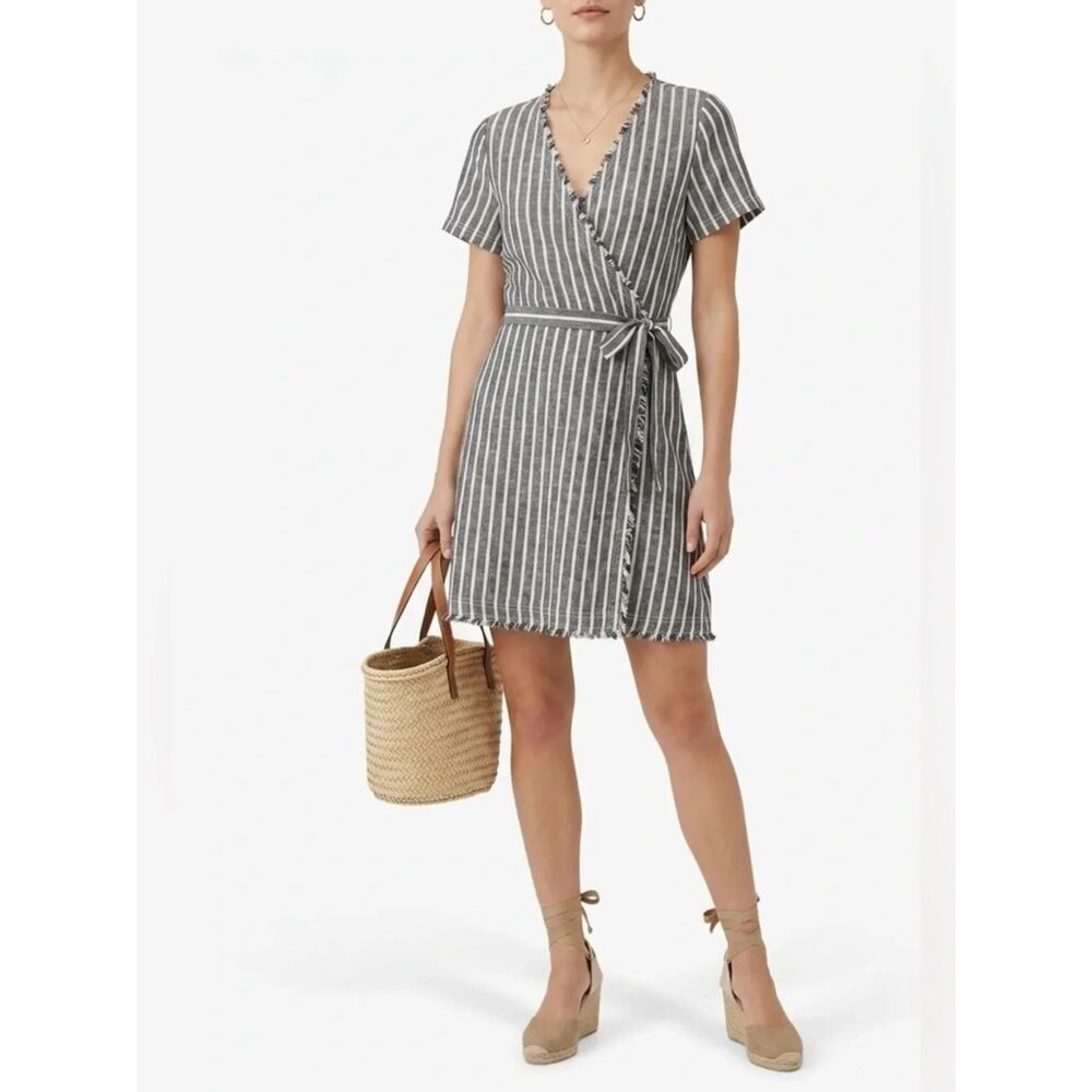 Susina Women's Dress Gray White Striped Frayed Trim Surplice Blend Linen Size SP